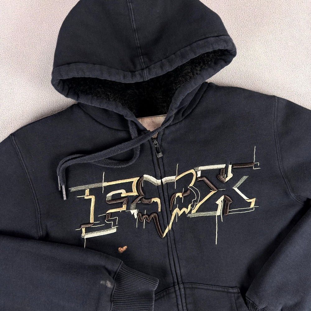 Fox Racing Hoodie Jacket Mens Small Black Sasquatch Fur Sherpa Lined Y2K Moto